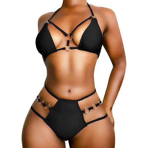 EJsoyo Sexy Damen-Bikini, Badeanzug, Push-up, gepolsterter Badeanzug, 2-teilig, freche Bademode mit Metallring, Schwarz, Medium von EJsoyo