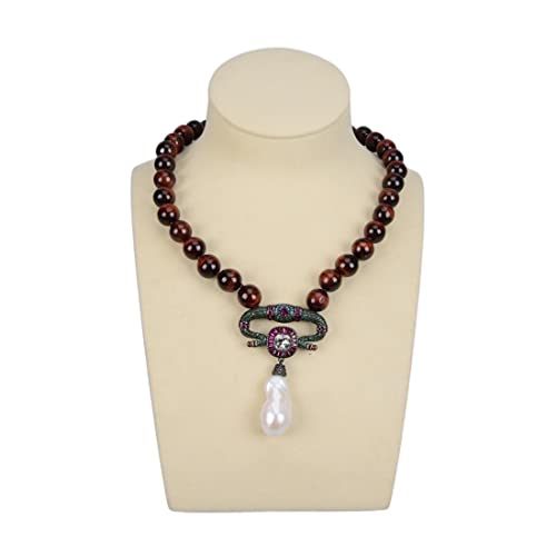 EKFBQBGW Schmuck 18 Zoll 12 mm rotbraune Tigerauge-runde Halskette weiße Keshi-Perlen-Anhänger-Halskette Rotguss for Frauen erfüllen Mode-Accessoires von EKFBQBGW