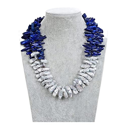 EKFBQBGW Schmuck 20 mm natürliche graue Biwa-Perlen-blaue Lapis-Halskette for Frauen erfüllen Mode-Accessoires von EKFBQBGW