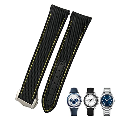 EKINS 19 mm 20 mm 21 mm Nylon-Canvas-Uhrenarmband mit gebogenem Ende, passend für Omega Seamaster 300 AT150 Speedmaster(Black Yellow,20mm Silver clasp) von EKINS