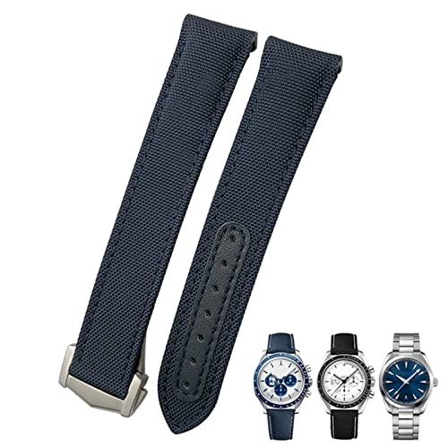 EKINS 19 mm 20 mm 21 mm Nylon-Canvas-Uhrenarmband mit gebogenem Ende, passend für Omega Seamaster 300 AT150 Speedmaster(Blue Blue,20mm Rose clasp) von EKINS