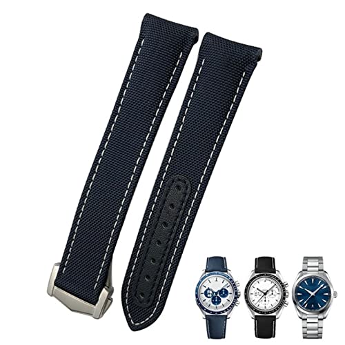 EKINS 19 mm 20 mm 21 mm Nylon-Canvas-Uhrenarmband mit gebogenem Ende, passend für Omega Seamaster 300 AT150 Speedmaster(Blue White,21mm Black clasp) von EKINS
