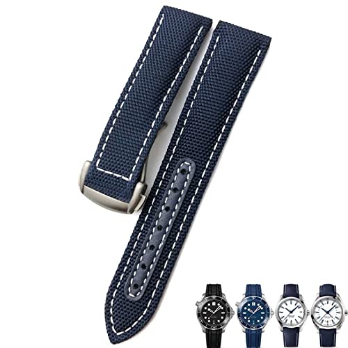 EKINS 19mm 20mm gewebtes Nylon-Uhrenarmband Schwarz Blau Faltschließe Leder-Uhrenarmbänder für Omega AT150 AQUA TERRA Seamaster Tissot(Blue white silver,19mm) von EKINS