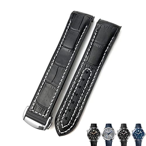 EKINS 20mm 22mm Leder-Rindsleder-Gummi-Uhrenarmbänder passend für Omega Seamaster Planet Ocean 600 GMT Orange Uhrenarmband(White line,20mmSilver buckle) von EKINS