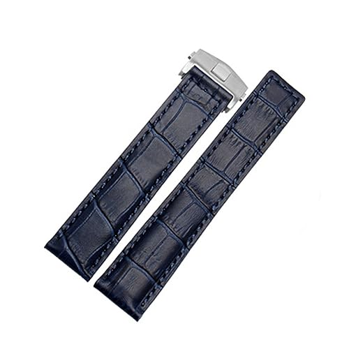 EKINS Echtes Lederarmband 19mm 20mm 22m für Tag Heuer Armband Herren Armbanduhren Band Zubehör Faltschließe Lederarmband(Blue silver buckle,20mm) von EKINS