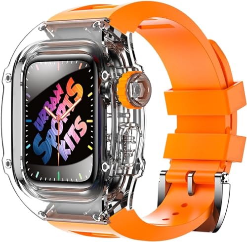 EKINS Transparentes Fiberglas-Uhrengehäuse, Fluorkautschuk-Band, Mod-Kit, für Apple Watch Serie 9, 8, 7, 6, 5, 4, SE, 44 mm, 45 mm, Uhrengehäuse, sportliches atmungsaktives Armband, Ersatzzubehör, von EKINS