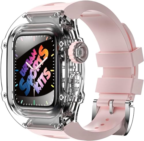 EKINS Transparentes Fiberglas-Uhrengehäuse, Fluorkautschuk-Band, Mod-Kit, für Apple Watch Serie 9, 8, 7, 6, 5, 4, SE, 44 mm, 45 mm, Uhrengehäuse, sportliches atmungsaktives Armband, Ersatzzubehör, 45 von EKINS