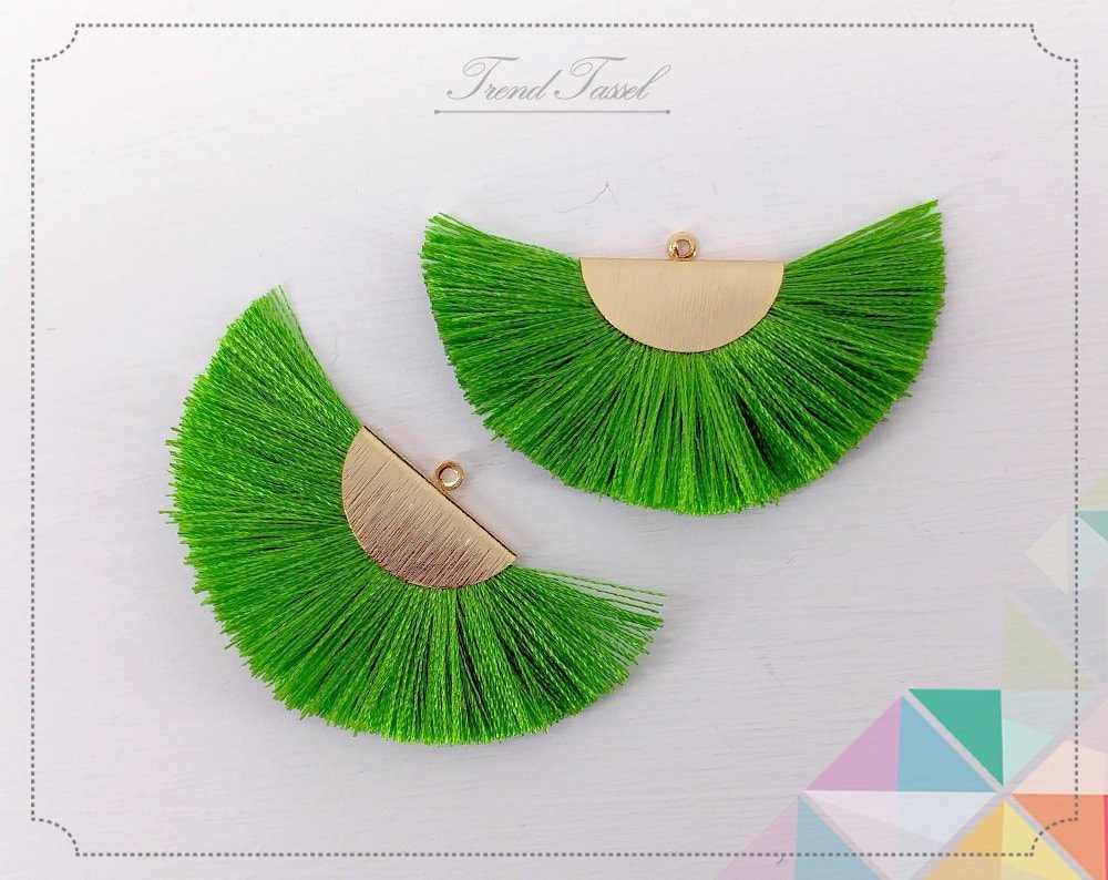 2 Stk - 2" Seide, Grüner Art Silk Drop Mit Gebürsteter Halbkreiskappe, Fan Quaste Schmuck Halskette, Ohrringe, Armband [ Et0016 ] von EKKLENsupply