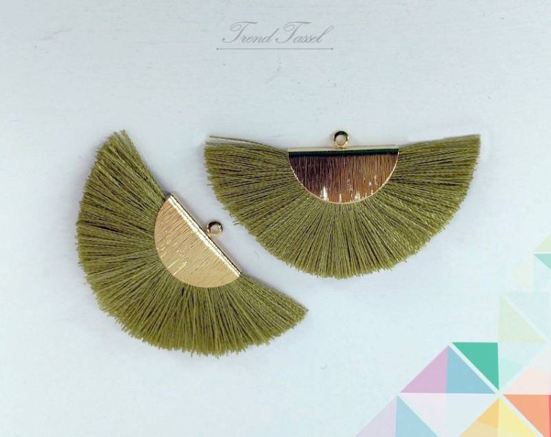2 Stk - 2" Seide, Khaki Art Silk Drop Mit Gebürsteter Halbkreiskappe, Fan Quaste Schmuck Halskette, Ohrringe, Armband [ Et0016 ] von EKKLENsupply