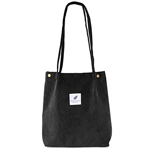 Cord Umhängetasche Damen, Cord-Tasche, Ultraleichte Damen-Umhängetasche mit Großer Tasche, Lässige Handtasche, Stilvoller Schulrucksack für Den Alltag, Büro, Schulausflug und Shopping (schwarz) von EKKONG