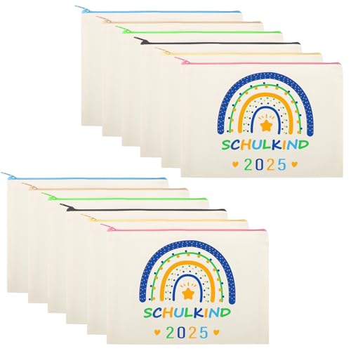 EKKONG 12 Stück Einschulung Geschenk Blanko Stoffbeutel zum Bemalen, Schulkind 2025 DIY Federmäppchen 23x16 cm, Stoff Federmäppchen mit Reißverschluss, Schulanfang Geschenke für Mädchen Junge (Blau) von EKKONG