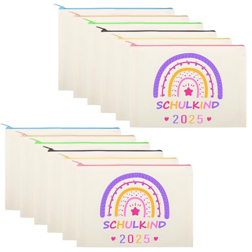 EKKONG 12 Stück Einschulung Geschenk Blanko Stoffbeutel zum Bemalen, Schulkind 2025 DIY Federmäppchen 23x16 cm, Stoff Federmäppchen mit Reißverschluss, Schulanfang Geschenke für Mädchen Junge (Rosa) von EKKONG