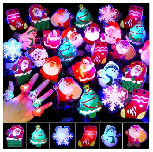 EKKONG 25 Stück Blinkende Weihnachtsringe LED Fingerringe Leuchtende Gummiringe für Kinder Adventskalender Befüllen Weihnachtsgeschenke Strumpffüller von EKKONG