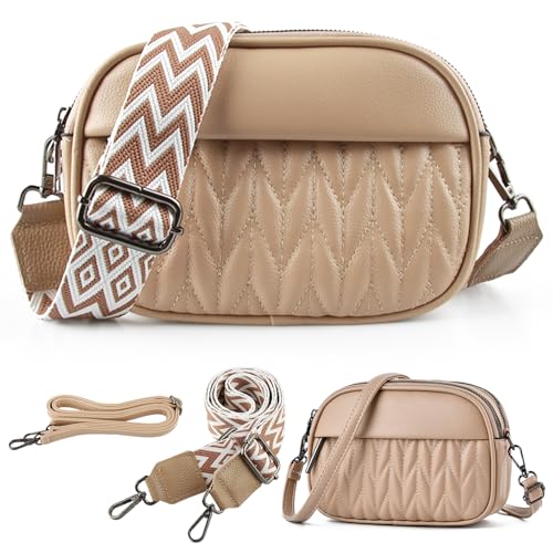 EKKONG Crossbody Bag Damen, Damen Handy Umhängetasche, Kleine Umhängetasche Damen Breiter Gurt, PU Leder Handtasche Damen mit 2 Abnehmbarem Schultergurt (Khaki) von EKKONG