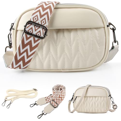 EKKONG Crossbody Bag Damen, Damen Handy Umhängetasche, Kleine Umhängetasche Damen Breiter Gurt, PU Leder Handtasche Damen mit 2 Abnehmbarem Schultergurt (Weiß) von EKKONG