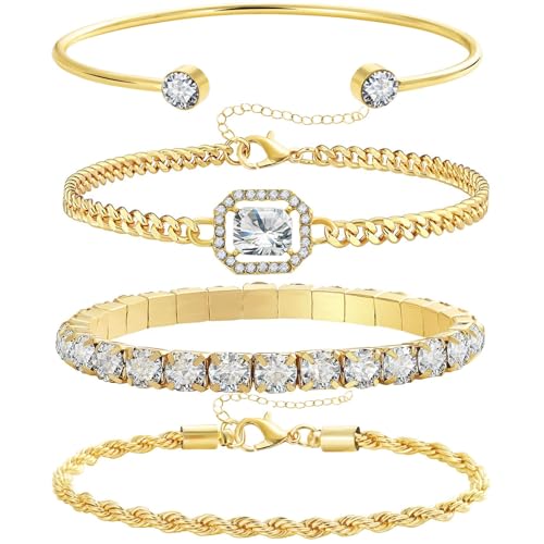 EKKONG Gold Armband Damen, 4 Stück Verstellbare Bracelet Diamant Armbänder Mode Armkette Damenarmband Glitzer Schmuck Set für Damen Frauen Mädchen Geburtstag, Jahrestag, Valentinstag von EKKONG