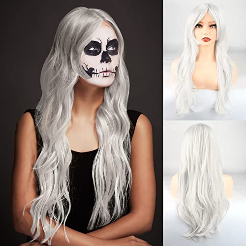 EKKONG Halloween Perücken Damen, Perücke Grau weiße Lang Karneval Perücken Frauen Lockig mit Pony für Cosplay, Tägliches Tragen, Party von EKKONG