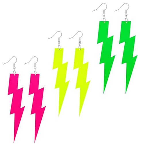 EKKONG Ohrringe 80er Jahre Damen, 3 Paare Blitzform Neon Karneval Ohrringe Accessoires für Damen Retro-Neon-Party Ankleiden (A) von EKKONG