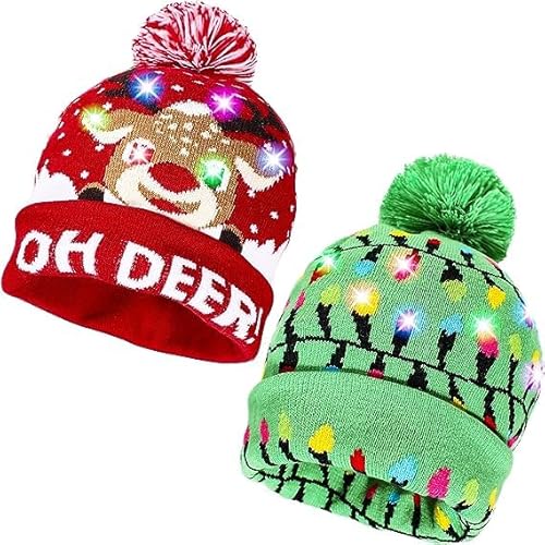 EKKONG Strickmütze,Weihnachtsmützen Plüsch,2 Stück Weihnachten Mütze mit LED Licht, Warme Wintermütze,LED Weihnachten Strickmütze Beanie Hat dekorative Geweih Strickmütze Wintermütze warme Mütze von EKKONG