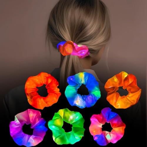 LED Scrunchies 6 Stück Leuchtende Haargummis Satin Leucht Haarschmuck Leuchten Haarbänder mit 3 Licht Modi für Frauen Mädchen, Halloween, Weihnachten, Neujahr, Kostümpartys von EKKONG
