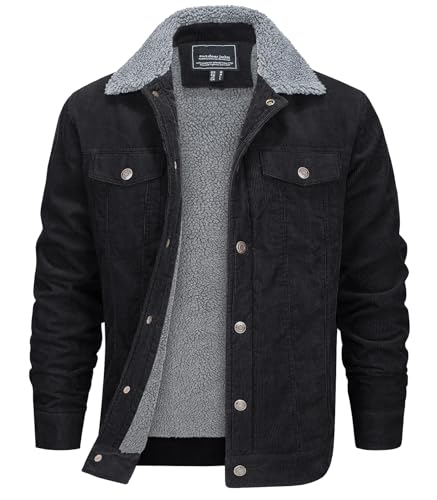 EKLENTSON Corduroy Herrenjacke Dick Winterhemd Knopfleiste Arbeitsjacke Fleecefutter Truckerjacke (M, Schwarz) von EKLENTSON