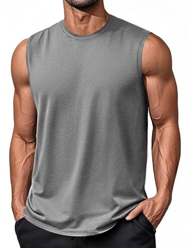 EKLENTSON Herren Bodybuilding Shirt Gym UPF 50+ Activewear Tanktops Baumwolle Atmungsaktiv Trägershirt(L,Hellgrau) von EKLENTSON