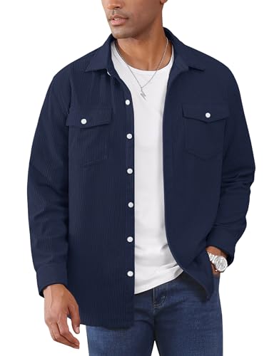 EKLENTSON Herren Cordhemd Longsleeve Weich Trucker Jacke Button Placke Outdoor Oberteil mit Pattentaschen (S, Navy) von EKLENTSON