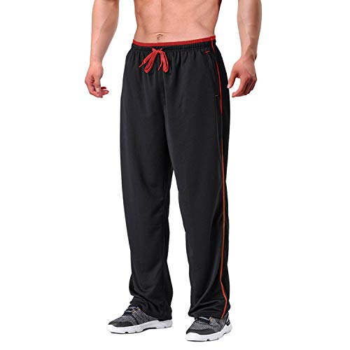 EKLENTSON Herren Komfortable Atmungsaktiv Netz Mesh-Hose Hause Freizeit Laufenhose, (Schwarz - Rot, XL) von EKLENTSON