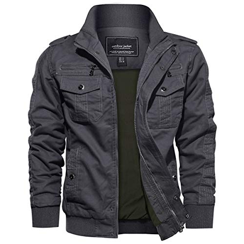 EKLENTSON Übergangsjacke Herren Classic Pilotenjacke Stehkragen Militär Jacke Cargo Full Zip (XXL, Grau) von EKLENTSON