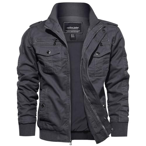 EKLENTSON Übergangsjacke Herren Classic Pilotenjacke Stehkragen Militär Jacke Cargo Full Zip (XXL, Grau) von EKLENTSON