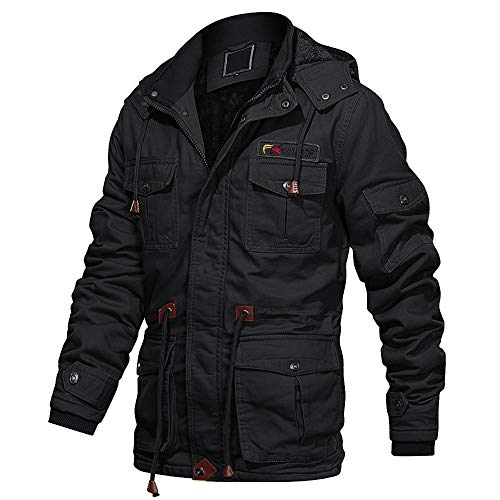 EKLENTSON Herren Übergangsjacke Militär Jacke Baumwolle Warme mit Abnehmbare Kapuze Cargo Schwarz, XL von EKLENTSON
