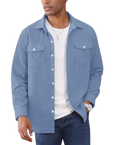EKLENTSON Herrenhemd Lange Ärmel Normale Passform Herbst Winter Hemd Corduroy Shacket Jacke (XXL, Hellblau) von EKLENTSON