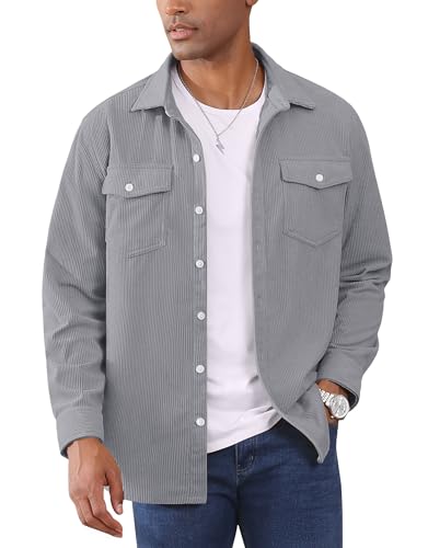 EKLENTSON Langarmshirts für Männer Slim Fit Cordhemdjacke Pendeln Arbeit Business Shirt mit Knöpfen Taschen (S, Hellgrau) von EKLENTSON