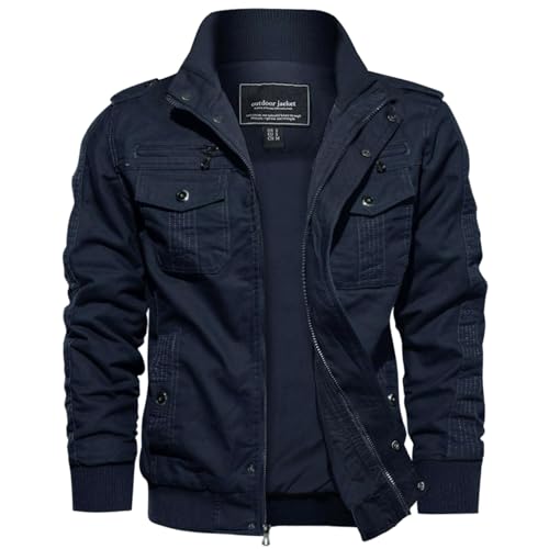 EKLENTSON Herren Outdoorjacke Männer Cargo Jacke Stehkragen Reißerschluss Multitaschen (S, Navy) von EKLENTSON