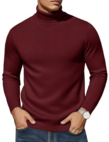 EKLENTSON Pullover für Herren Einfarbig Strickpullover Winter Sweater Langarm Stretch Rollkragenpulli Weinrot L von EKLENTSON