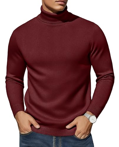 EKLENTSON Pullover für Herren Einfarbig Strickpullover Winter Sweater Langarm Stretch Rollkragenpulli Weinrot XXL von EKLENTSON