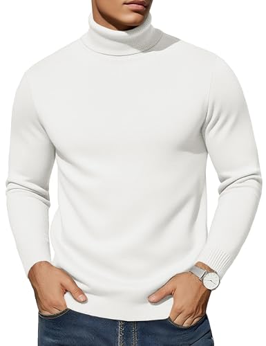 EKLENTSON Strickpullover Herren Rollkragen Outdoor Herrenpullover Schmale Passform Thermo Oberteil Weiß XXL von EKLENTSON