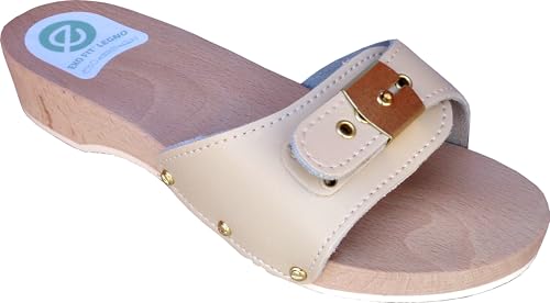 EKO FIT Holz: Damen-Clogs aus Holz mit gepolstertem Obermaterial aus Leder – klassischer italienischer Clog für Zuhause oder Strand – Handwerkskunst Made in Italy, beige, 38 EU von EKO FIT