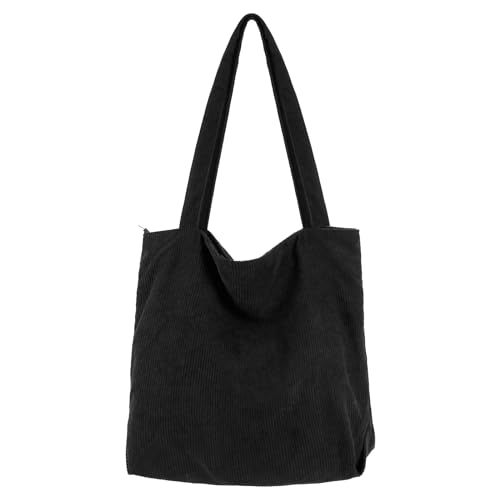 EKOCEV Cord Tasche Damen Schwarz Groß Umhängetasche mit Reißverschluss, Tote Bag Damen Cordtasche Shopper für Schule Einkaufen Arbeit Reisen und Alltag von EKOCEV