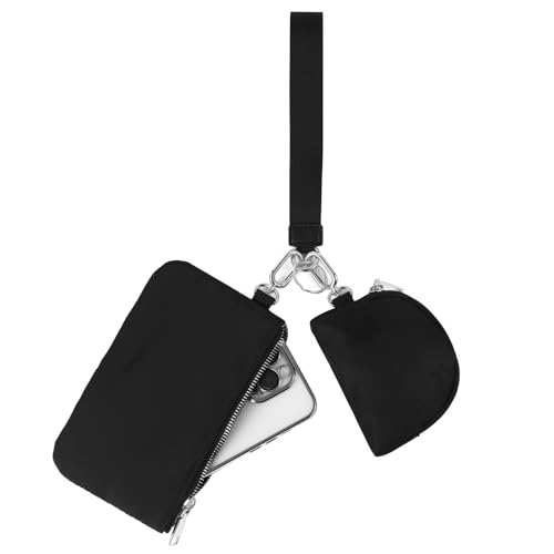 Mini-Schlüsselanhänger mit Reißverschluss, für Damen, abnehmbare Doppeltasche, tragbares Handy, Münzfach, Münzfach, SCHWARZ + SILBER von EKOLE