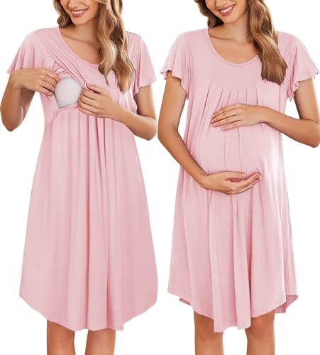 Ekouaer Maternity Clothing Stillpyjama Nachthemden Umstandsmode Pyjama Lang für die Geburt Krankenhaus Stillen DREI-in-eins-Geburt/Stillen/Pflege, Rosa, L von Ekouaer