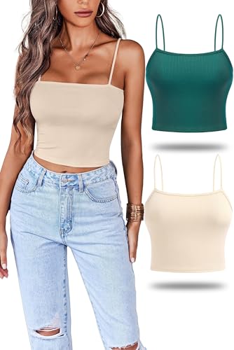 EKOUAER Damen 2 Stück Crop Camisole Top Spaghettiträger Tank Top ärmellos Basic Cami Shirts Tube Tops Aprikose + Grün XL von EKOUAER