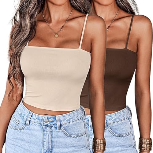 EKOUAER Damen 2 Stück Crop Camisole Top Spaghettiträger Tank Top ärmellos Basic Cami Shirts Tube Tops Dunkelbraun + Beige M von EKOUAER