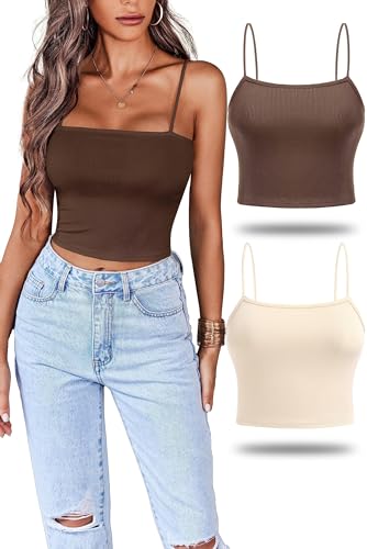 EKOUAER Damen 2 Stück Crop Camisole Top Spaghettiträger Tank Top ärmellos Basic Cami Shirts Tube Tops Dunkelbraun + Beige XS von EKOUAER