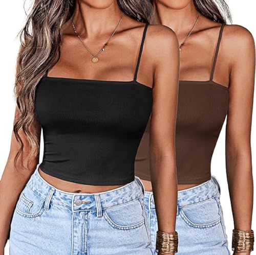 EKOUAER Damen 2 Stück Crop Camisole Top Spaghettiträger Tank Top ärmellos Basic Cami Shirts Tube Tops Schwarz + Braun XL von EKOUAER