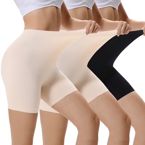 EKSHER 3er Pack Radlerhose Damen Kurz für Kleid Leggings Boxershorts Kurze Sporthose Blickdicht Laufhose Trainingshose Reibungslos Tennishose Outdoor Biker Unterhosen Fahrradhose Beige Beige Schwarz M von EKSHER
