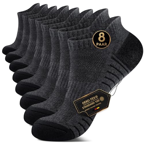 EKSHER 8 Paar Sportsocken Herren 43-46 Cushioned Sneaker Socken Damen Kurze Laufsocken Tennissocken Wandersocken Frotteesohle Baumwolle Halbsocken Atmungsaktive Dunkelgrau von EKSHER