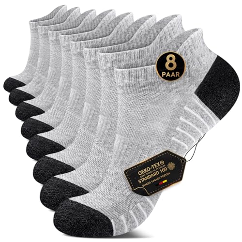 EKSHER 8 Paar Sportsocken Herren 43-46 Cushioned Sneaker Socken Damen Kurze Laufsocken Tennissocken Wandersocken Frotteesohle Baumwolle Halbsocken Atmungsaktive Hellgrau von EKSHER