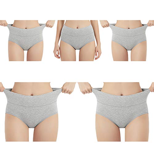 EKSHER Damen Unterhosen Baumwolle Unterwäsche Hohe Taille Slips 5er Pack Hoher Taillenslip für Frauen-Grau-M von EKSHER