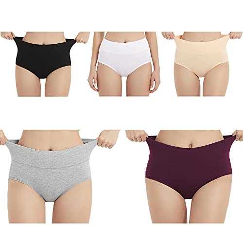 EKSHER Damen Unterhosen Baumwolle Unterwäsche Hohe Taille Slips Hoher Taillenslip für Frauen Mehrpack-Schwarz?Weiß?Grau?Beige?Lila-M von EKSHER